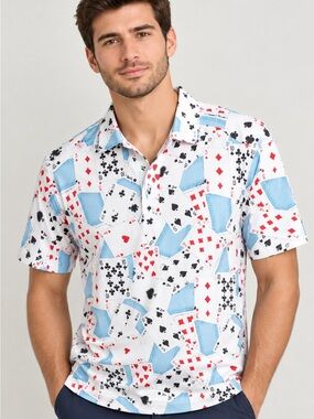 White Playing Cards Print Polo Shirt, size M.